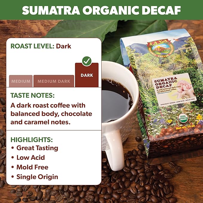Low Acid Organic Coffee – Whole Bean, Mold-Free & Stomach Friendly by Java Planet, Sumatran Single Origin Decaf Coffee, Dark Roast, Smooth Full Flavored, 5LB Bag