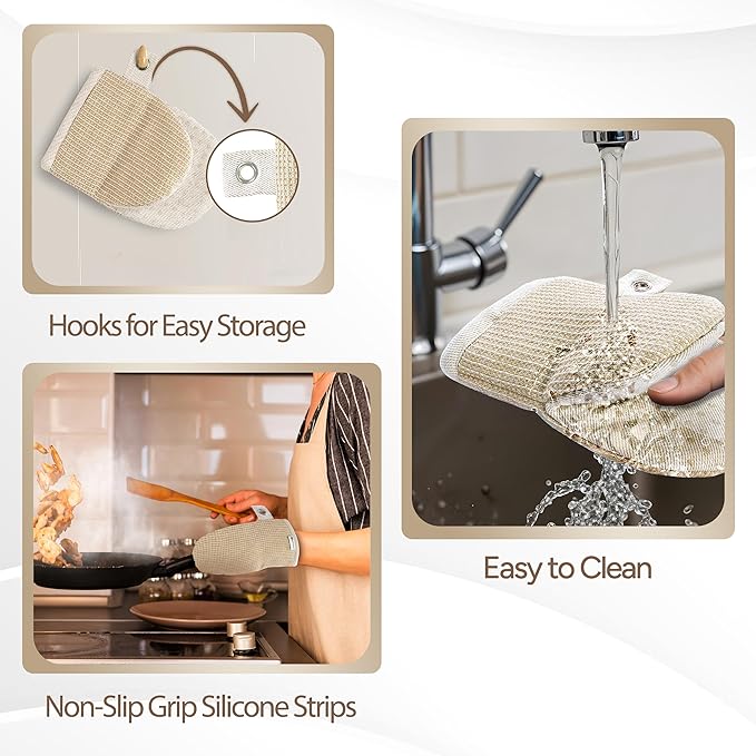Casa Platino Mini Oven Mitts & Silicone Pot Holders, 4-Piece – Heat Resistant Gloves for Cooking & BBQ, Hot Pads for Kitchen – Withstands Up to 500°F, Non-Slip & Machine Washable – Beige