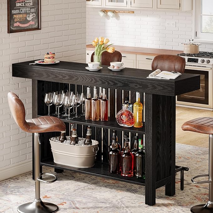 Tribesigns Black Large Home Bar Unit, 2-Tier Mini Bar Table Height Pub Table with Footrest, 63-Inch Modern Coffee Bar Cabinet for Home Kitchen, Bistro, Dining Room, Living Room