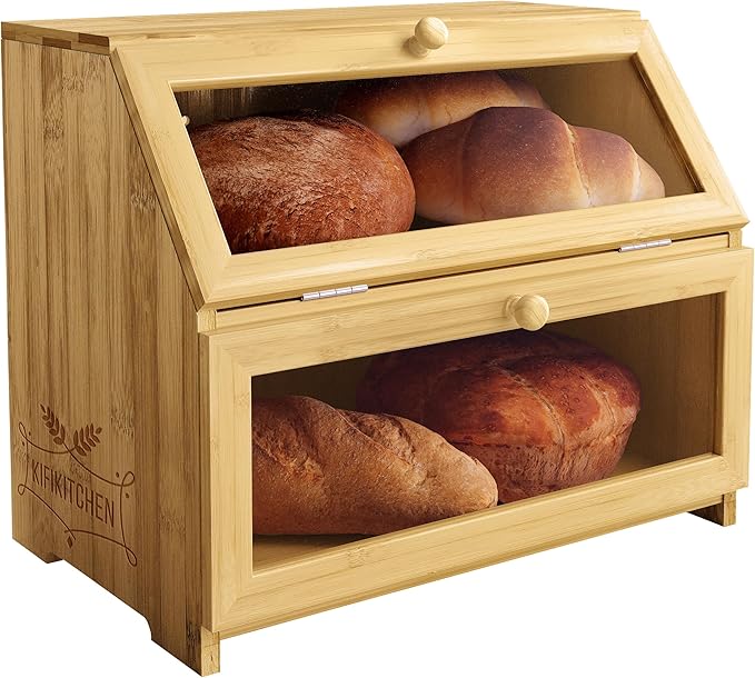 Bamboo Bread Box Space Saving Rustic Flat-Top Bread Bin for Countertop - Store Bread Cake and Baked Goods - 15 x 9.8 inches (2 Tier box)