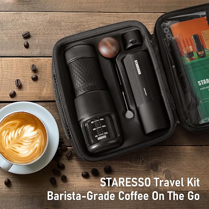 STARESSO Portable Espresso Maker & Coffee Bean Grinder Set with Carrying Bag, Manual Travel Coffee Maker + Burr Coffee Grinder, Waterproof Easy-Carry, Perfect for Travel Camping Hiking On-The-Go