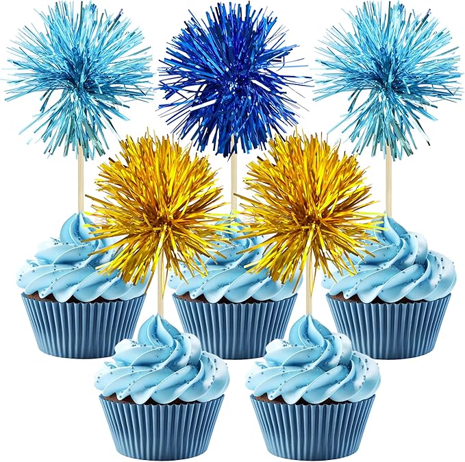 Gyufise 30Pcs Foil Firework Cupcake Toppers Sparkle Tinsel Cake Toppers Tinsel Drink Cake Decoration Cocktail Picks for Birthday Wedding Graduation Party Supplies Gold Light Dark Blue