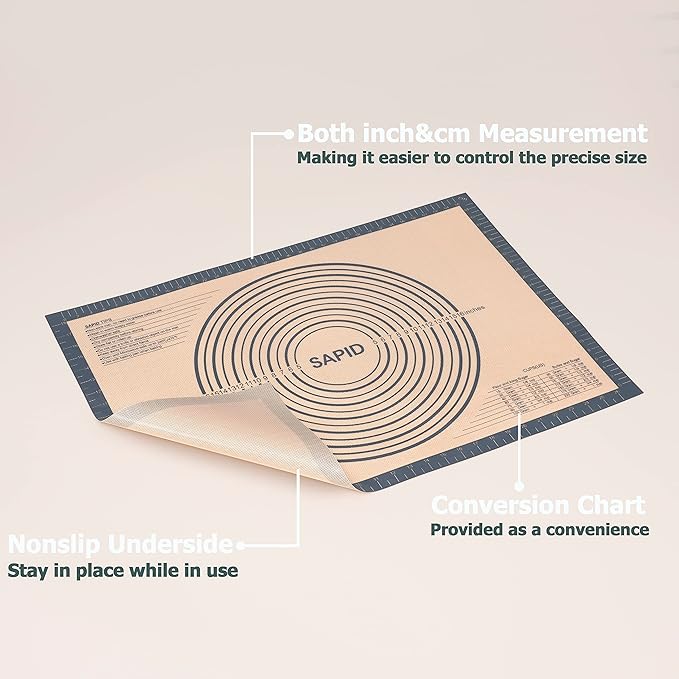 Sapid Extra Thick Silicone Pastry Mat Non-slip with Measurements for Non-stick Silicone Baking Mat Extra Large, Dough Rolling, Pie Crust, Kneading Mats, Countertop, Placement Mats (20" x 28",Gray)