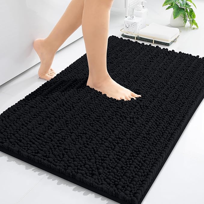 Arotive Luxury Chenille Bathroom Rug Mat, Extra Soft Thick Absorbent Shaggy Bath Rugs, Non-Slip Machine Wash Dry, Plush Bath Mats for Bathroom, Shower and Tub, 24x16, Black