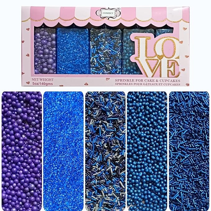 Confect Edible Cake Sprinkles – Decorating Mix | Navy & Blue Purple Pearls, Silver & Black Jimmies, Blue Sparkling Sugar | Sprinkles for Cake, Cupcake & Cookie Decoration - Vegan, Gluten-Free, Nut-Free, Soy-Free, Dairy-Free, Palm Oil-Free-5 Oz