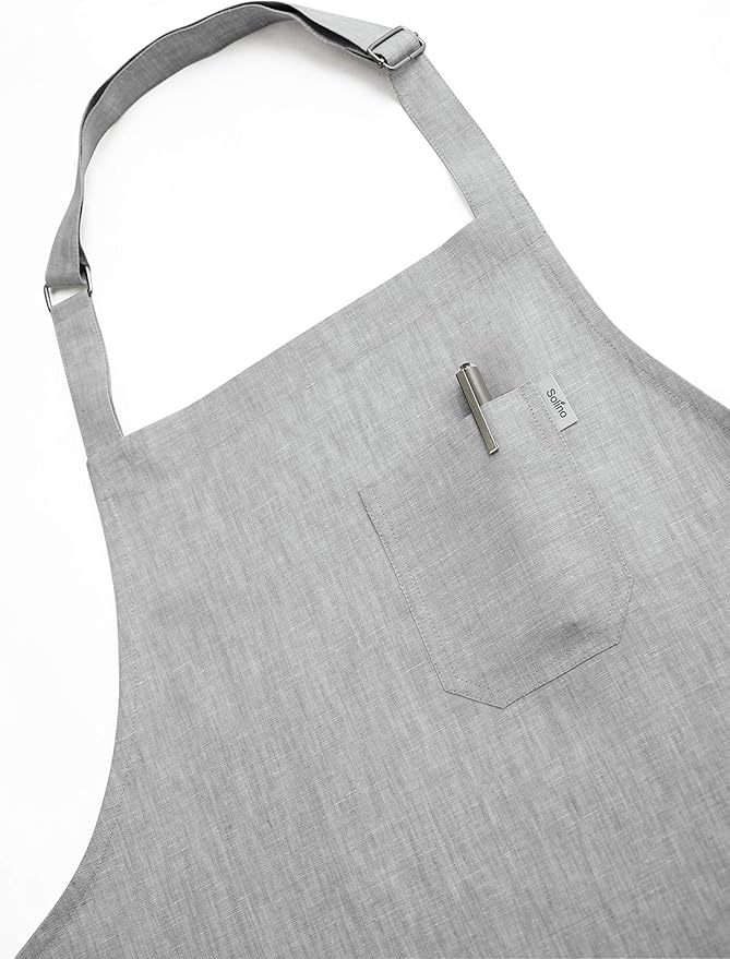 Solino Home Linen Bib Apron for Men & Women - 100% Pure Linen Light Grey Kitchen Apron with Front Pockets - Handcrafted from European Flax