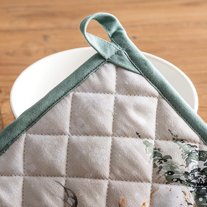 Maison d' Hermine Pot Holders Set 100% Cotton Heat Resistant Potholders 8" x 8" Hot Pads with Loop BBQ, Cooking, Baking, Grilling, Kitchen, Handling Hot Pans (Pack of 2, Deer in The Woods)