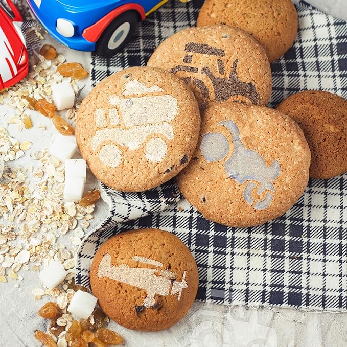 NAKLEO Coffee Stencils and Cookies Decoration 14Pcs 2.8”x2.8” and 4.3”x4.3”, Reusable Plastic Baking Templates, Transport Tractor Truck, Barista DIY Art Craft, Capuccino Latte Chocolate Cake Biscuit