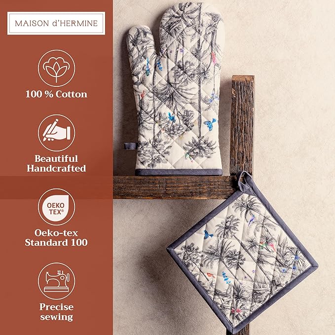Maison d' Hermine 100% Cotton Oven Mitt & Pot Holder Set (7.5"x13" & 8"x8") Heat Resistant BBQ Cooking Gloves with Loop, Baking, Grilling, Kitchen, Handling Hot Pans (Amazonia)