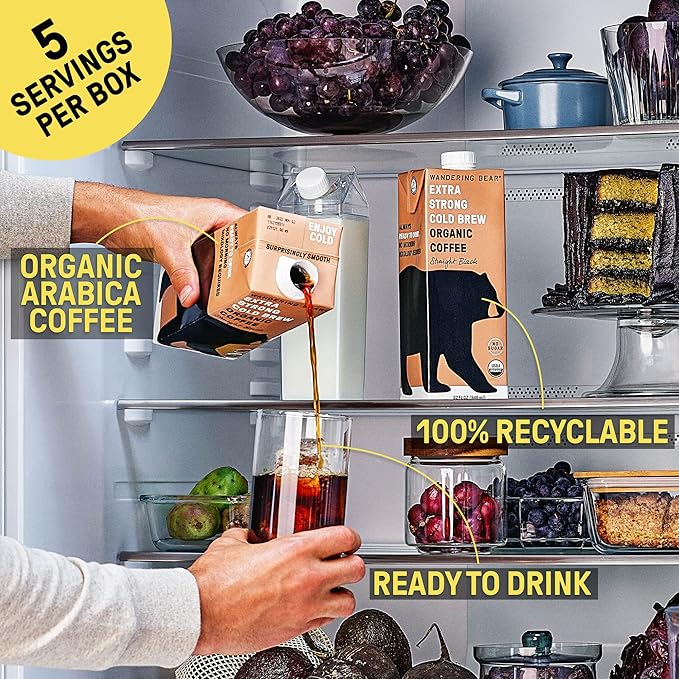 Wandering Bear Organic Caramel Cold Brew Coffee, 32 fl oz, 6 pack - Extra Strong, Bold, Smooth, Unsweetened, Shelf-Stable, Ready to Drink, Gluten Free, & Vegan, Iced Cold Brewed Coffee Drinks
