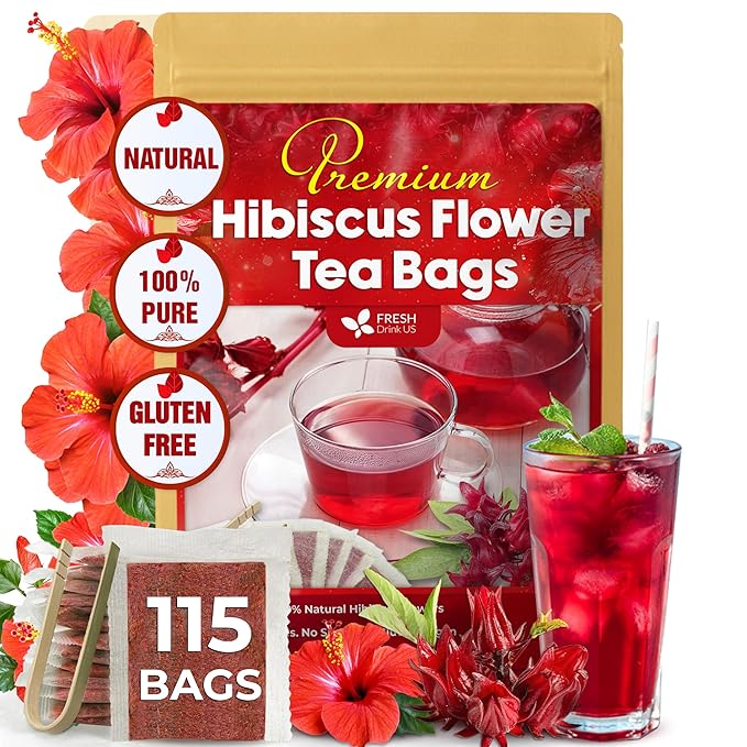 FreshDrinkUS, Premium 115 Hibiscus Flowers Tea Bags, 100% Natural & Pure. Loose Flower Hibiscus Herbal Tea. No Sugar, No Caffeine, No Gluten, Vegan.