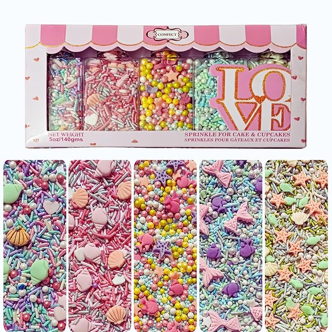 Confect Ocean-Themed Sprinkles Set – 5 Assorted Pastel Edible Sea Shell, Mermaid, starfishes & fish Sprinkle Mixes for Cake, Cupcake & Cookie Decorating –Ocean-Themed Baking Decorations- Vegan, Gluten-Free, Nut-Free, Soy-Free, Dairy-Free, Palm Oil-Free...