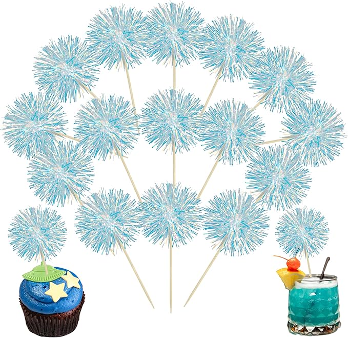 Ephlyn 30Pcs Foil Firework Cupcake Toppers Party Birthday Cake Toppers Supplies Sparkle Tinsel Cocktail Fruit Toothpick for Birthday Wedding Graduation Party Blue