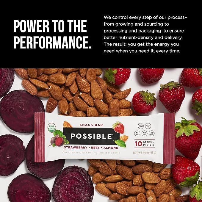 POSSIBLE Snack Bar - Organic Energy Bars with 10g of Plant-Based Protein - Vegan, Gluten-Free, Non-Dairy, USDA Organic - Healthy Fats - Clean Label - 1 Box, 12 Servings - Strawberry Beet Almond