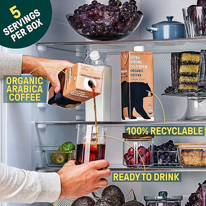 Wandering Bear Organic Cold Brew Coffee, Variety Pack, 32 fl oz (3pk - Black, Mocha, Vanilla) - Extra Strong, Bold, Smooth, Unsweetened, Shelf-Stable, Ready to Drink, Iced Cold Brewed Coffee Drinks