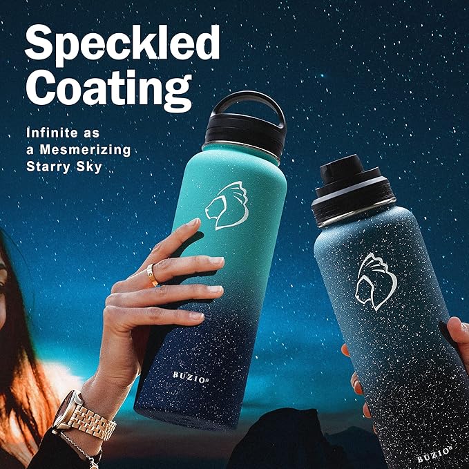 BUZIO 40 oz Water Bottle Insulated with Straw & 3 lid and Carrying Pouch, Leak Proof Anti-Slip Stainless Steel Water Flask Jug, Cold for 48 Hrs Double Vacuum Thermo Canteen, BPA-Free, Starry Indigo