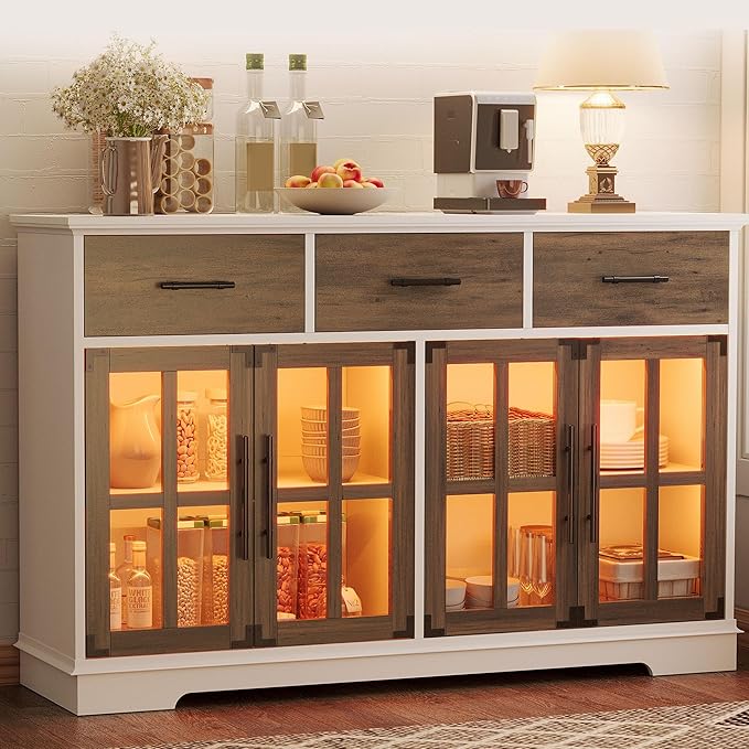 IRONCK Buffet Cabinet with Storage, 55" Large Sideboard Buffet Storage with LED Lights, Farmhouse Coffee Bar Wood Liquor Cabinet for Kitchen, Dining Room, White and Oak