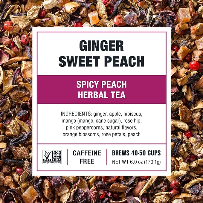Tiesta Tea - Ginger Sweet Peach, Loose Leaf, Spicy Peach Herbal Tea, Tranquility Non-Caffeinated Blend, Bulk Hibiscus Leaves with Cane Sugar, Brews Up to 50 Cups, 6 Ounce Refillable Tin