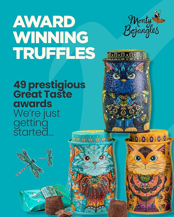 Monty Bojangles Cocoa Dusted Chocolate Truffles Cat Tin (Violet Rebel - 4.7oz) Choccy Scoffy Flavored Luxury Chocolatey Truffles - Collectable Cat Tin, Chocolate Gift Box With Bespoke Design