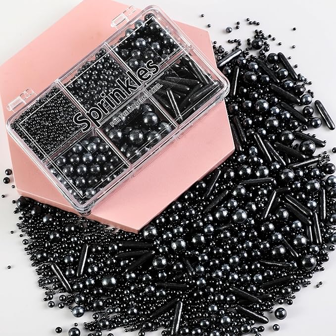 Kasvan Black Mix Sugar Sprinkles - Edible Candy Pearls with 4-Claw Sprinkle Pen,118g/4.16 Oz, Gift Box Pack, Baking Cake Decorations, Ice Cream Toppings and Cookie Decorating (Black)