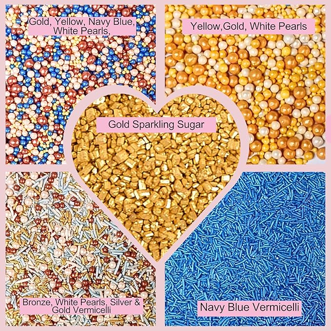 Confect Cake Decorating Sprinkles |Edible Pearl Sprinkles | Mix Gold White Blue & Yellow Pearl Dragees | Blue Jimmies | Gold Sparkling Sugar | Glam Sprinkles | Vegan, Gluten-Free, Nut-Free, Soy-Free, Dairy-Free, Palm Oil-Free - 5 Oz