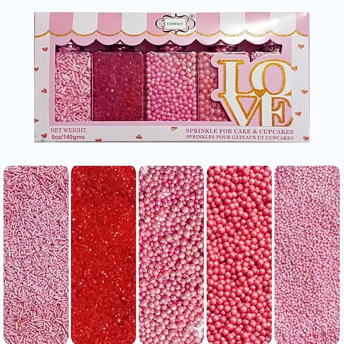 Confect Sprinkles for Cakes & Cupcakes Decoration Assorted pack of 5 Pink Pop Sprinkles Mix Blush Pink, Baby Suger & Coral Dragees Baby Pink Jimmies Vegan, Gluten-Free, Nut-Free, Soy-Free, Dairy-Free , Handcrafted Sprinkle- 5 Oz