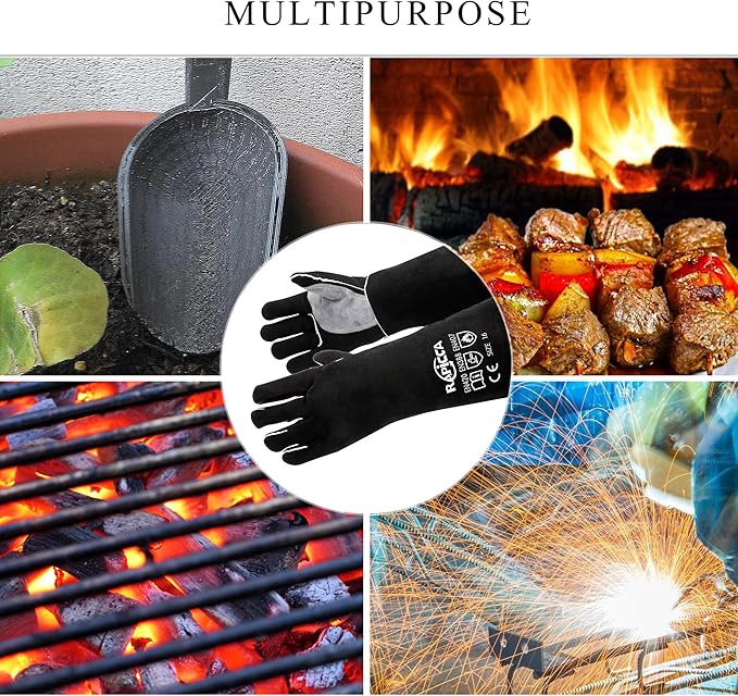 RAPICCA Fireplace Gloves Fire Heat Resistant: Black 14IN - Fireproof Leather for Fireplace Fire Pit Wood Stove Campfire Furnace BBQ Grill Oven Stick Mig Welding Welder Gear - Birthday Gift for men