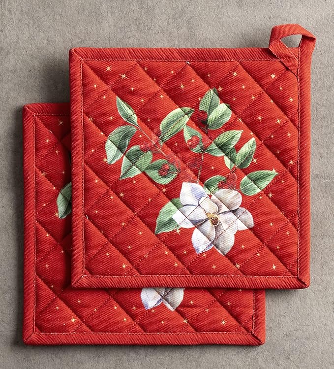 Maison d' Hermine Pot Holders Set 100% Cotton Heat Resistant Potholders 8" x 8" Hot Pads with Loop BBQ, Cooking, Baking, Grilling, Kitchen, Handling Hot Pans (Pack of 2, Noel)