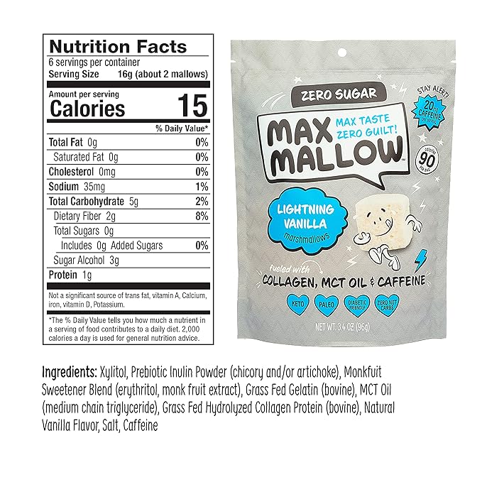 Max Mallow Sugar Free Marshmallows - Keto Friendly, Perfect for S'mores, Hot Chocolate, and Baking with Zero Sugar Snacks, Smores Mct Oil Zero Sugar Marshmellow Marshmallow Lightning Vanilla, 3 Pack