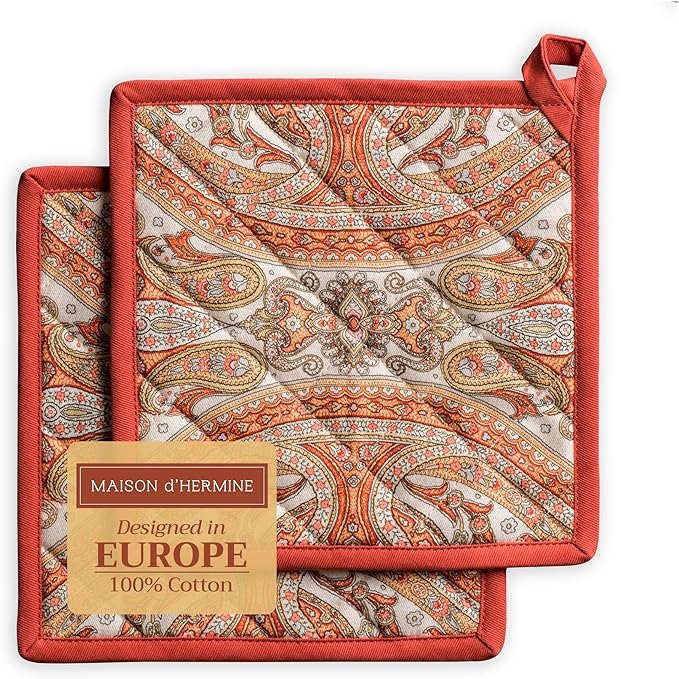 Maison d' Hermine Pot Holders Set 100% Cotton Heat Resistant Potholders 8" x 8" Hot Pads with Loop BBQ, Cooking, Baking, Grilling, Kitchen, Handling Hot Pans (Pack of 2, Kashmir Paisley)