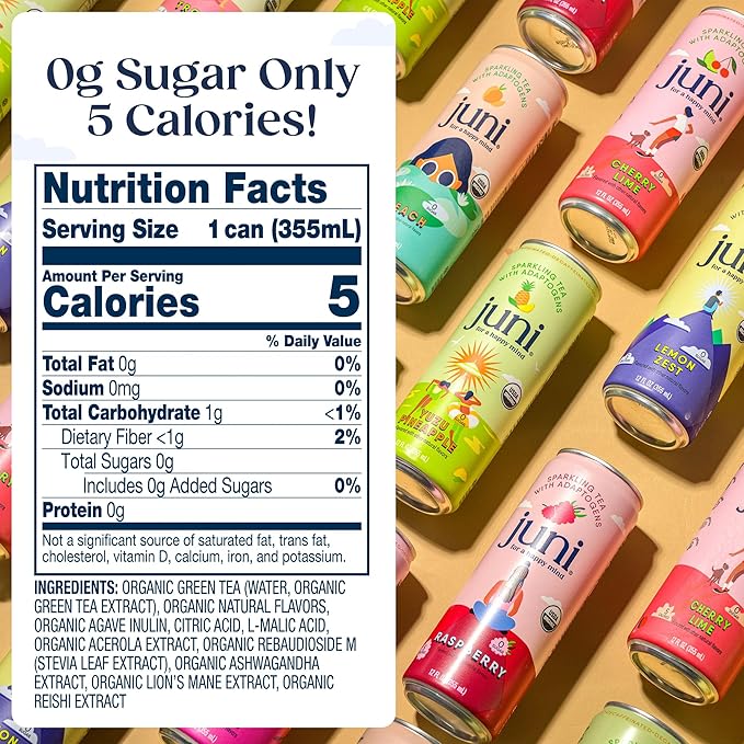 Juni Sparkling Adaptogen Drink with Ashwagandha, Lion’s Mane & Reishi Mushrooms | Green Tea for Focus, Zero Sugar, 5 Calories, Organic | Non Alcoholic Drinks - Variety Pack 12 pack
