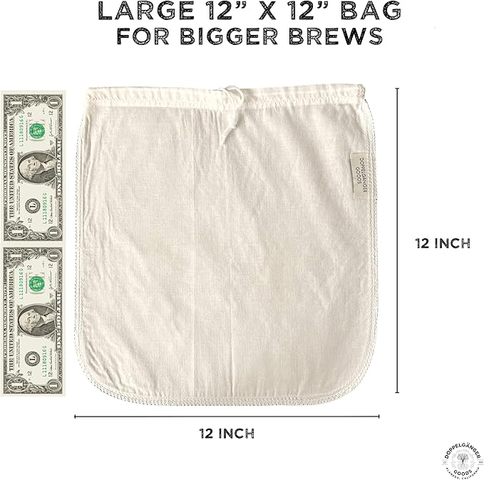 (2-Pack, Large 12in x 12in) Organic Cotton Cold Brew Coffee Bag - Designed in California - Reusable Coffee Filter with EasyOpen Drawstring Cold Brew Maker for Pitchers, Mason Jars, & Toddy Systems
