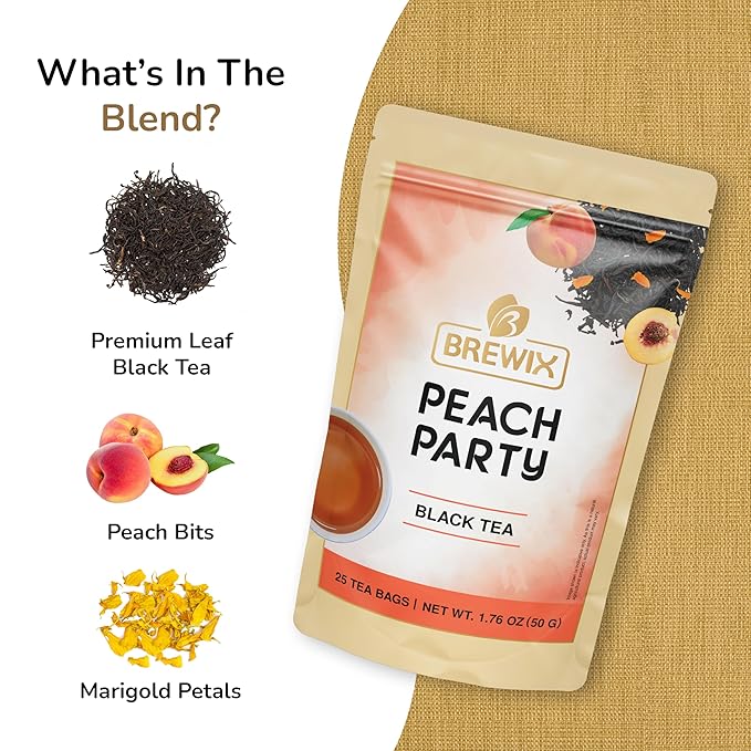 BREWIX, Peach Black Tea (25 Pyramid Bags) | Premium Black Tea with Peach | Floral & Refreshing | Iced or Hot | Caffeinated And Sugar-Free