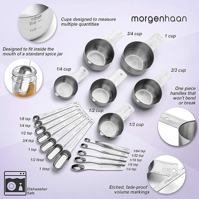 Heavy-Duty 304 Stainless Steel Measuring Cup Set (18-Piece) - Stackable, Dual Metric/US, Long & Narrow Spoons for Spice Jars + 5 Mini Spoons