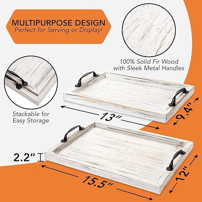 Rustic Serving Tray with Handles - 2 Nesting Trays for Serving Food - Wooden Tray for Decor, Coffee Table & Ottoman - Large Serving Tray with Distressed White Finish to Complement Any Decor