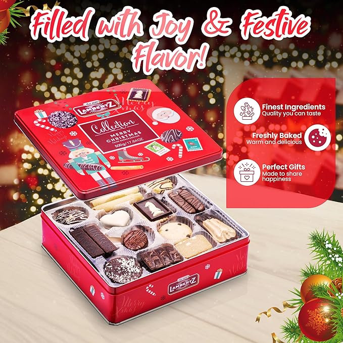 Lambertz European Holiday Cookie Tin – 64 Cookies, 12 Varieties, – Festive Gift Box Ready to Serve and Gift-Ready for Christmas and Office Sharing – 17 Ounces