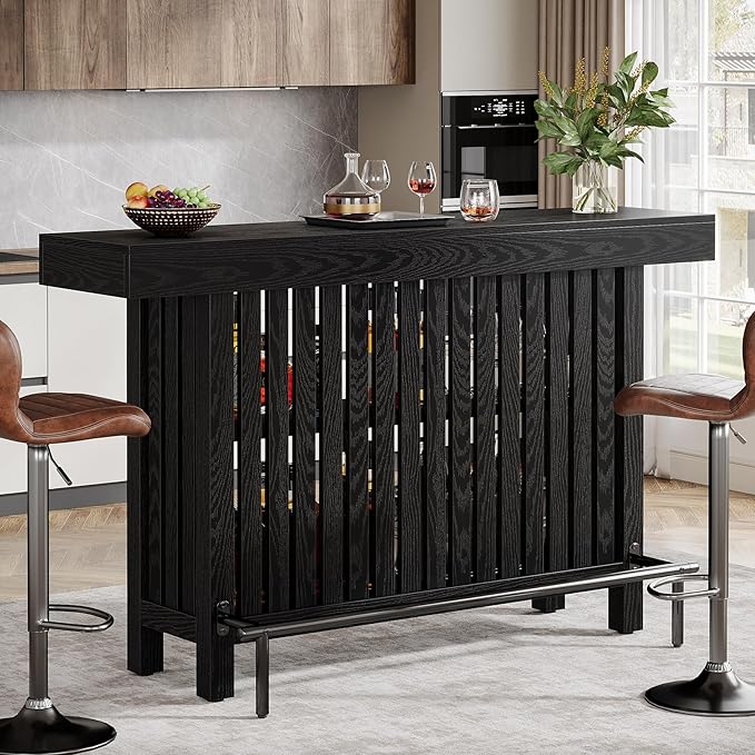 Tribesigns Black Large Home Bar Unit, 2-Tier Mini Bar Table Height Pub Table with Footrest, 63-Inch Modern Coffee Bar Cabinet for Home Kitchen, Bistro, Dining Room, Living Room