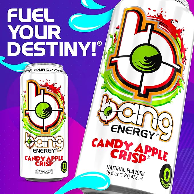 Bang Candy Apple Crisp Energy Drink, 0 Calories, Sugar Free, 16 Fl Oz (Pack of 12)