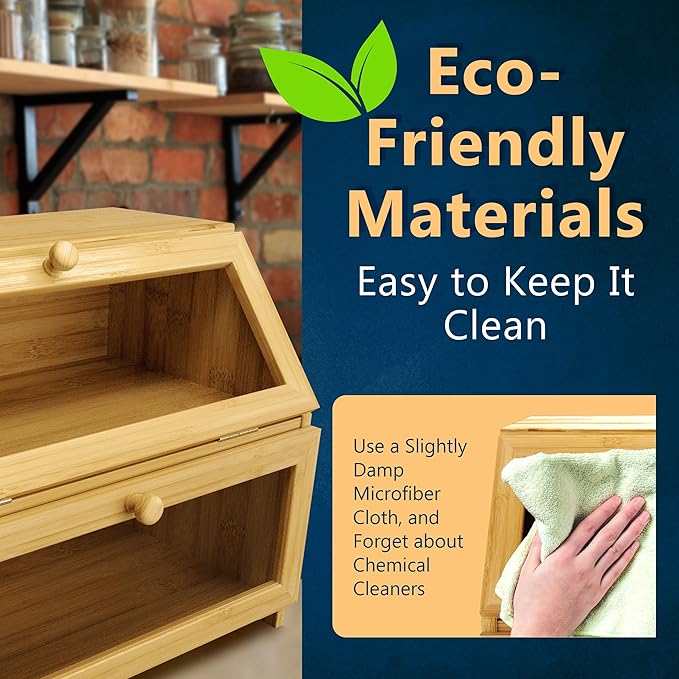 Bamboo Bread Box Space Saving Rustic Flat-Top Bread Bin for Countertop - Store Bread Cake and Baked Goods - 15 x 9.8 inches (2 Tier box)