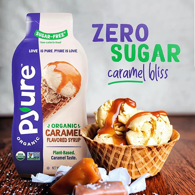 Pyure Organic Caramel Dessert Syrup | Sugar-Free Caramel Topping for Keto Ice Cream, Pancakes, Low Carb Sweets | 1g Net Carb, Gluten-Free, Vegan, Non-GMO, Plant-Based, Diabetic Friendly | 14 oz
