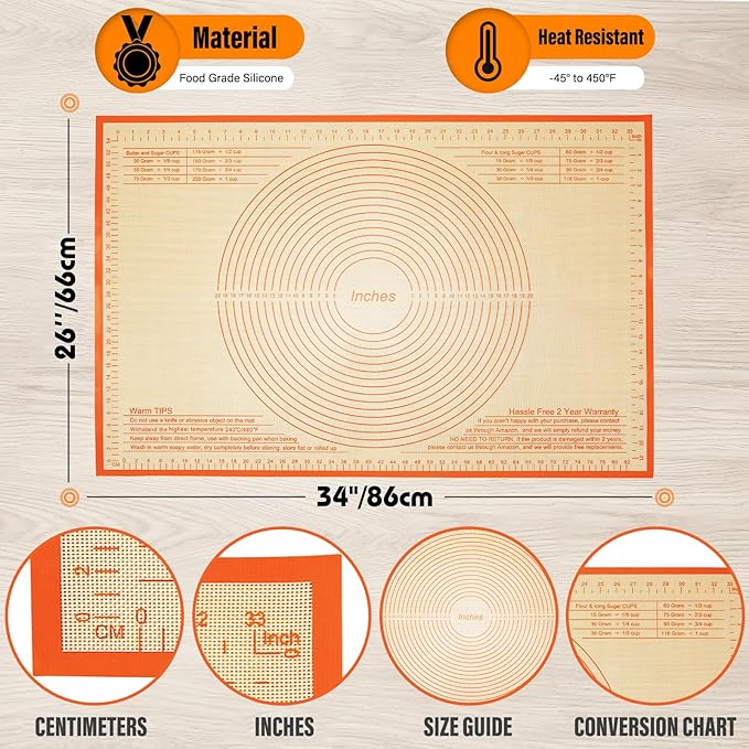 Silicone Pastry Mat 34x26 Inch Nonstick Baking Mat -Perfect for Doug, Pastry, Dough Rolling, Kneading Board, Pie Crust, Fondant, Pasta/Pizza, Kitchen Counter Mat