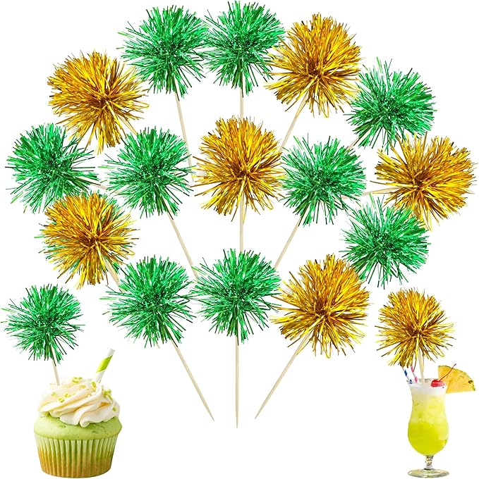 Ephlyn 30Pcs Foil Firework Cupcake Toppers Sparkle Tinsel Cupcake Picks Birthday Cake Decorations Drink Stirrers Cocktail Food Fruit Toothpicks for Baby Shower Graduation Party Supplies Green Gold