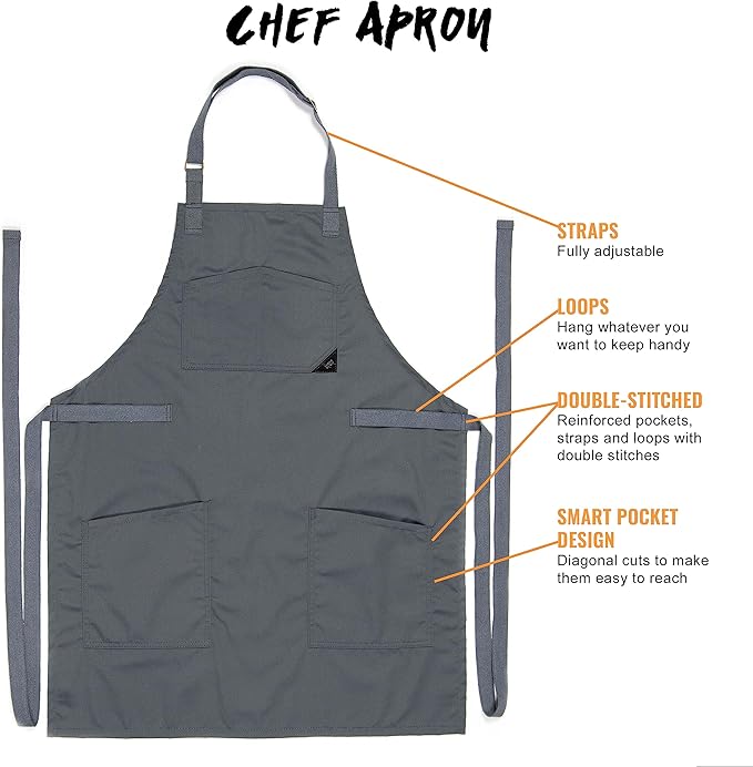 Under NY Sky Chef Apron – Professional Gray Twill – Cotton Straps - Smart Pockets - Adjustable for Men and Women – Pro Chef, Cook, Kitchen, Baker, Barista, Bartender, Server Aprons