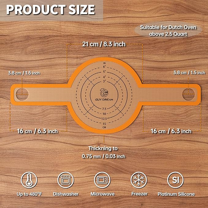 GUYDREMAT Silicone Baking Mat for Dutch Oven 2PCs - Non-stick Bread Sling - 8.3 Inch Reusable Bread Baking Mat – Silicone Cast in Iron Oven Liner with Long Handles for Artisan Bread