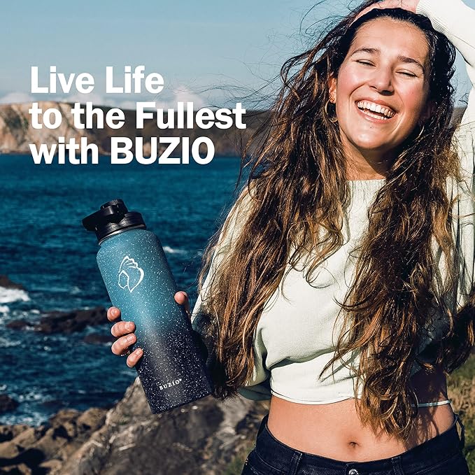 BUZIO 40 oz Water Bottle Insulated with Straw & 3 lid and Carrying Pouch, Leak Proof Anti-Slip Stainless Steel Water Flask Jug, Cold for 48 Hrs Double Vacuum Thermo Canteen, BPA-Free, Starry Indigo
