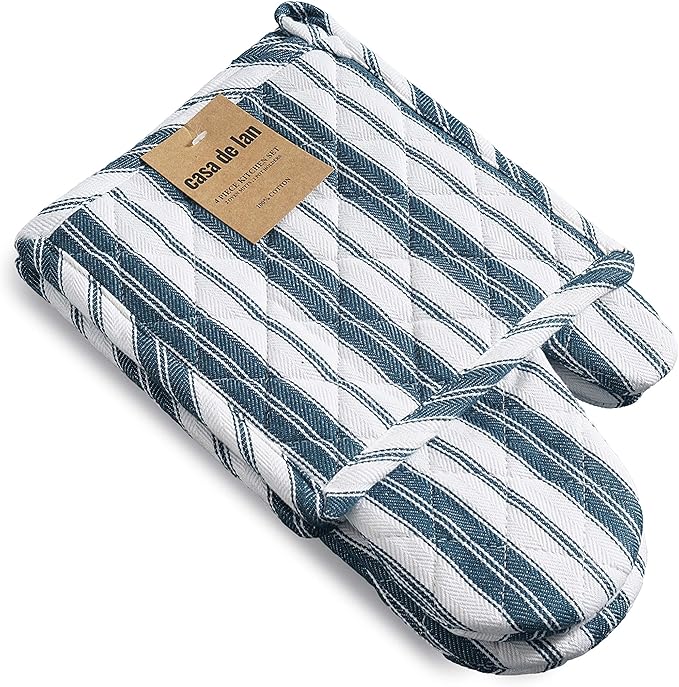 Oven Mitt & Potholder Set - Durable Heat Resistant Gloves - Thick Mittens for Kitchen - Suitable for Cooking, Baking, Grilling – BBQ - 1 Oven Mitts & 1 Potholders – Navy Blue Stripes - Casa De Lan