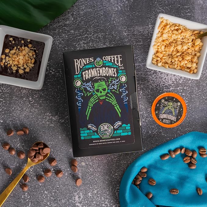 Bones Coffee Company Frankenbones, Hazelnut Chocolate Flavored Coffee Pods, Low Acid Medium Roast Single-Serve Bones Cups, Compatible with 1.0 & 2.0 K-Cups Brewers Coffee Maker, 12 Count