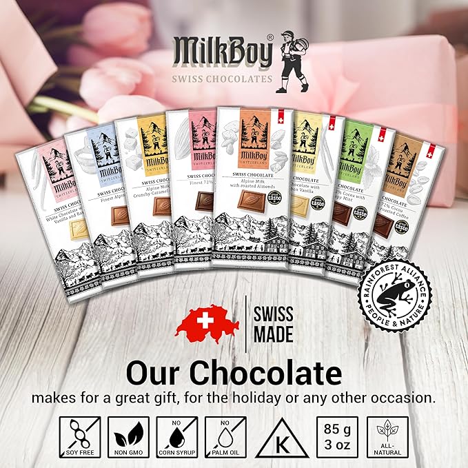 Milkboy Swiss Chocolates Gourmet Milk Chocolate Bars - Dark Chocolates - White Chocolate Bar - Premium Handmade Chocolate Variety - Kosher - GMO Free - Chocolates Candy - (Pack of 5)