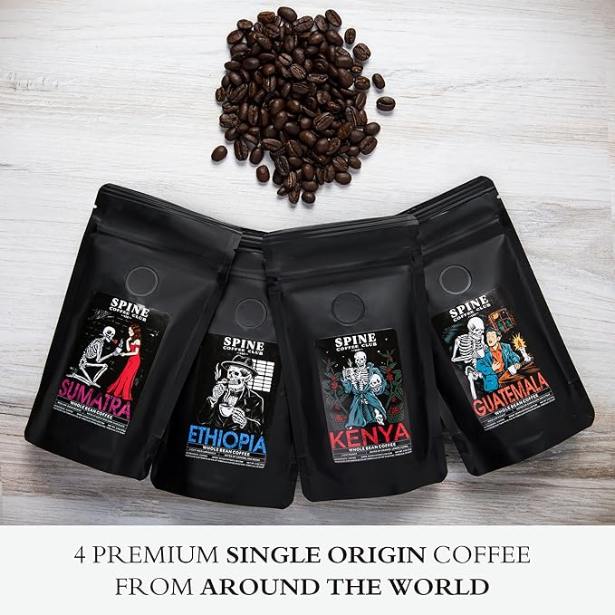 Spine Coffee Club LLC 4-Pack Gourmet Coffee Sampler Gift Box Set with Ethiopia, Sumatra, Guatemala, Kenya Single Origin Selection - Whole Bean