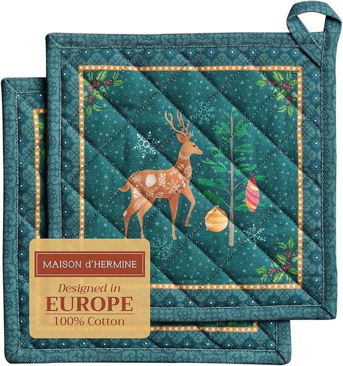 Maison d' Hermine Pot Holders Set 100% Cotton Heat Resistant Potholders 8" x 8" Hot Pads with Loop BBQ, Cooking, Baking, Grilling, Kitchen, Handling Hot Pans (Pack of 2, Hygge Christmas)